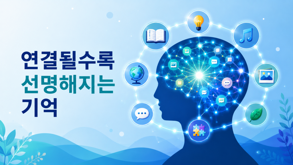인간의 호기심이 다양한 기억을 서로 연결하며 연상 기억이 형성되는 과정을 표현한 일러스트