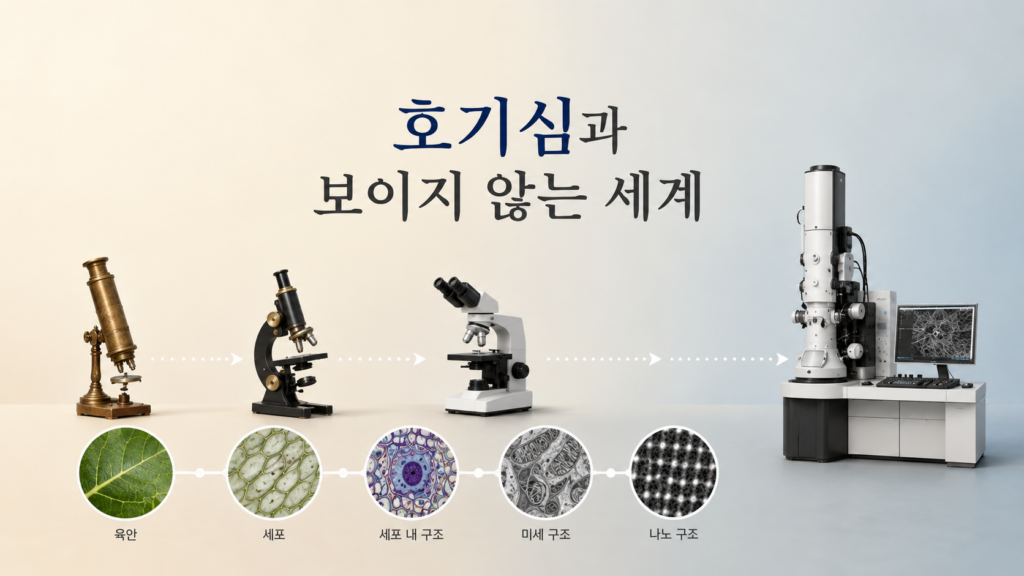 초기 광학 현미경에서 현대 초정밀 현미경까지 분해능이 발전하며 인간의 호기심이 미시세계를 탐구한 과정을 표현한 과학 청사진 스타일 일러스트