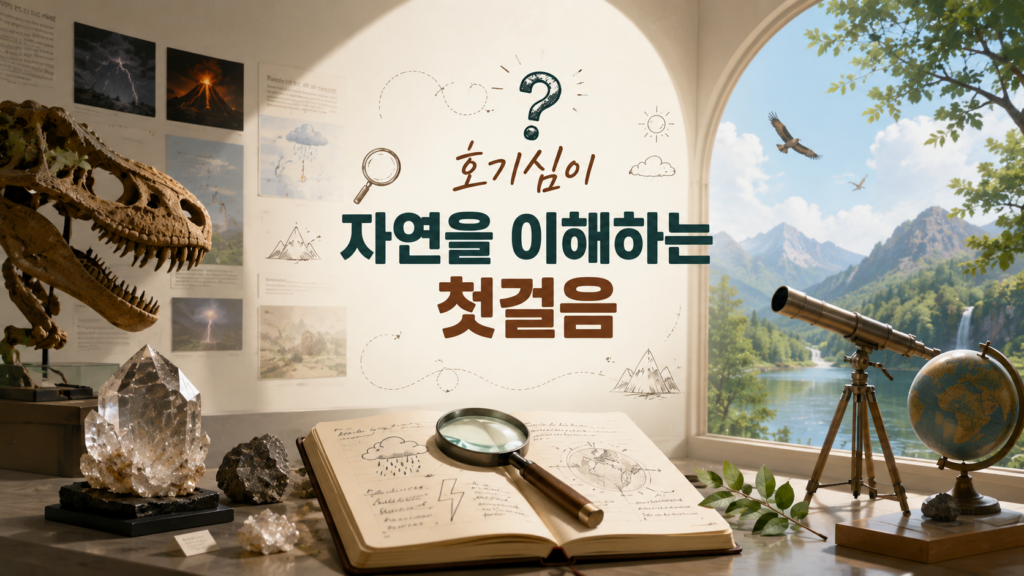자연사박물관 전시와 자연 풍경, 관측 도구를 통해 인간의 호기심이 자연 현상을 이해하는 과정과 탐구를 표현한 대표 이미지