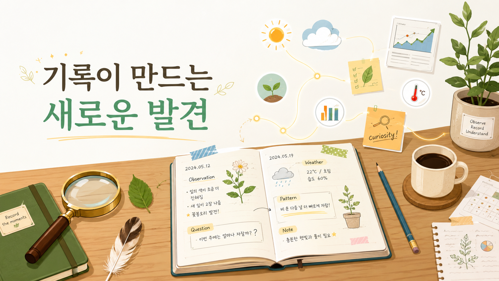 인간의 호기심과 관찰 메모의 중요성을 표현한 대표 일러스트
