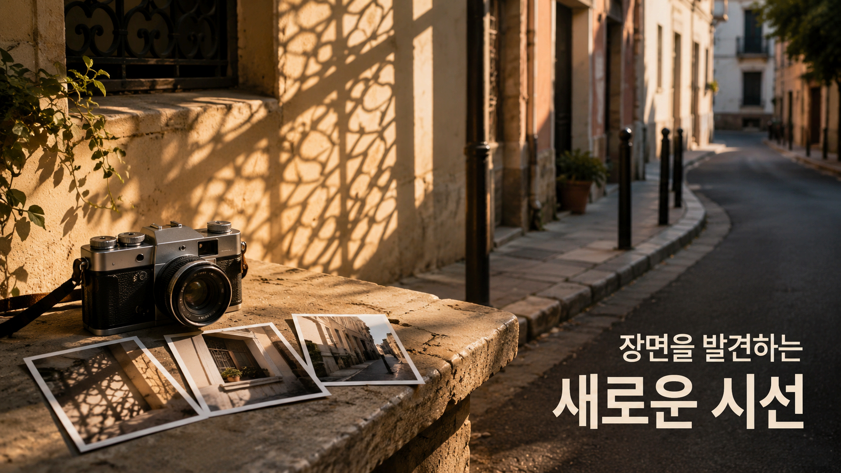 하나의 평범한 거리 풍경에서 빛과 구도에 따라 서로 다른 장면을 발견하며 사진으로 기록하는 과정을 보여주는 이미지