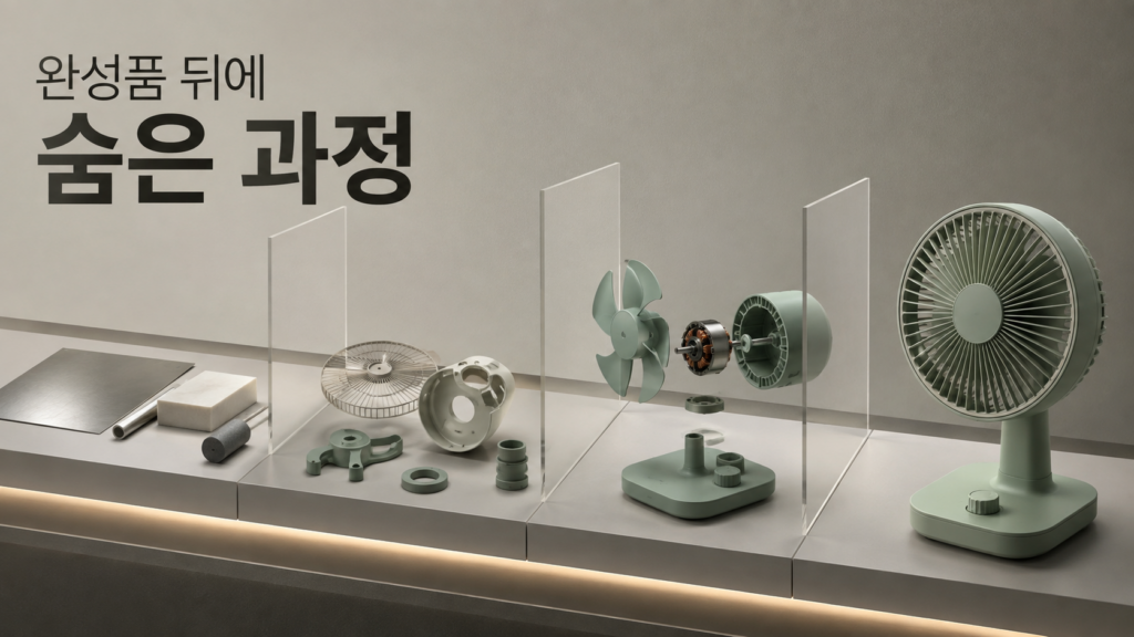 하나의 제품이 재료 준비와 가공, 부품 조립을 거쳐 완성되는 과정을 단계별 전시 구조로 보여주며 제품 제작 과정에 관심을 갖는 인간의 호기심을 표현한 일러스트