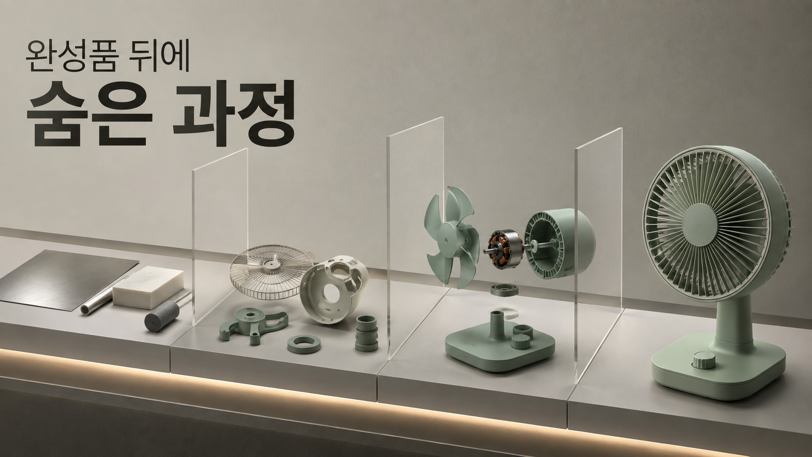 하나의 제품이 재료 준비와 가공, 부품 조립을 거쳐 완성되는 과정을 단계별 전시 구조로 보여주며 제품 제작 과정에 관심을 갖는 인간의 호기심을 표현한 일러스트