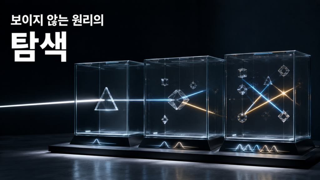 눈에 보이지 않는 양자 세계의 특성을 빛과 투명한 실험 구조의 변화로 표현하여 새로운 자연 원리를 탐구하는 인간의 호기심과 양자기술 연구를 나타낸 일러스트