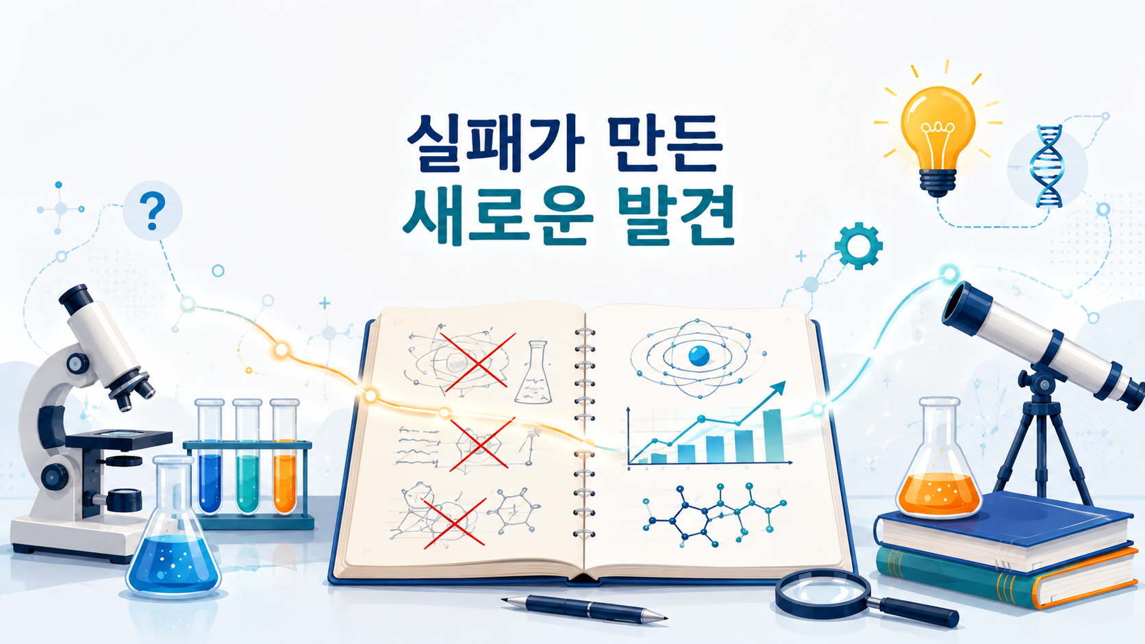 인간의 호기심과 실패한 과학 이론이 발전으로 이어지는 과정을 표현한 대표 일러스트