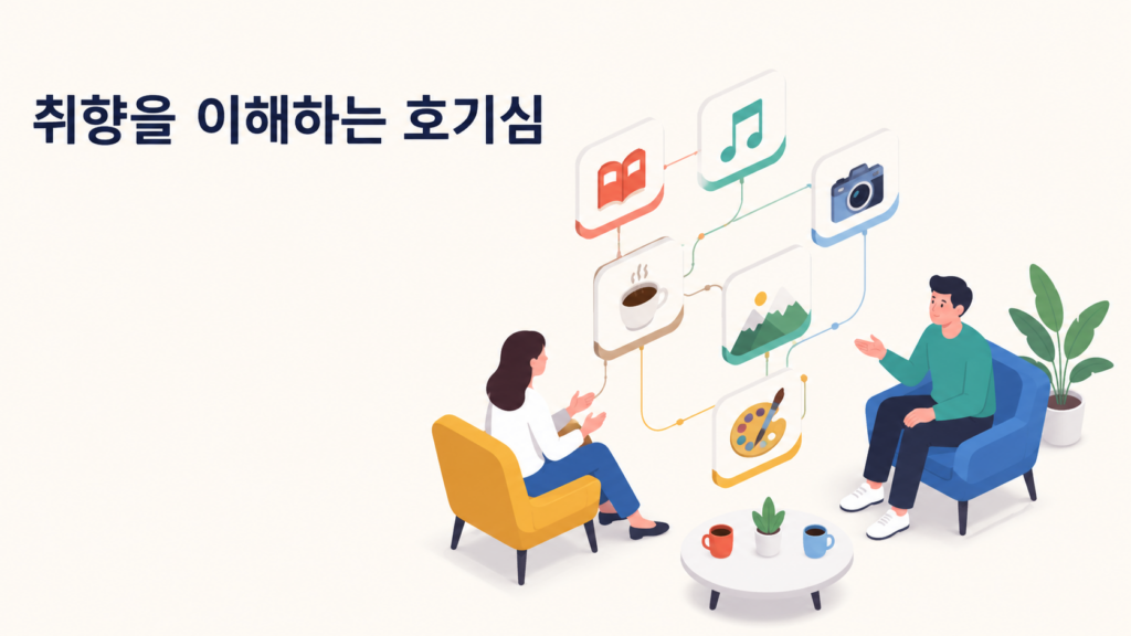 서로 다른 취향을 대화를 통해 이해하며 인간의 호기심이 관계를 깊게 만드는 과정을 표현한 아이소메트릭 이미