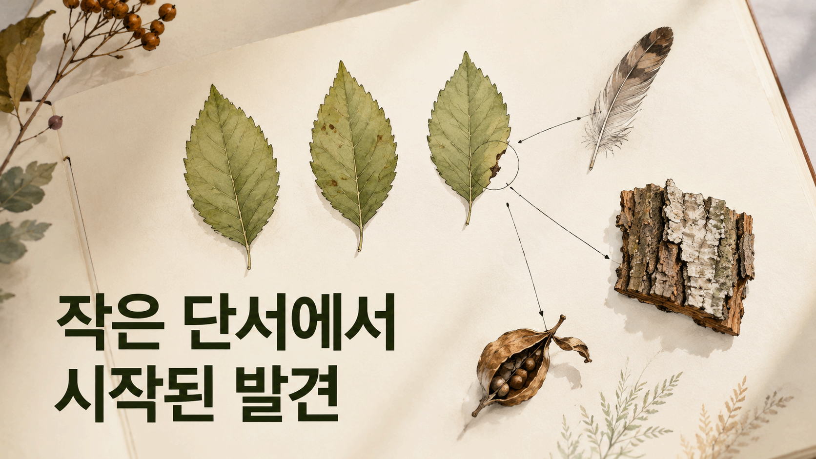 눈에 잘 띄지 않는 작은 단서를 발견하고 주변 정보와 연결하며 의미를 찾아가는 인간의 호기심을 자연 관찰 기록 스타일로 표현한 이미