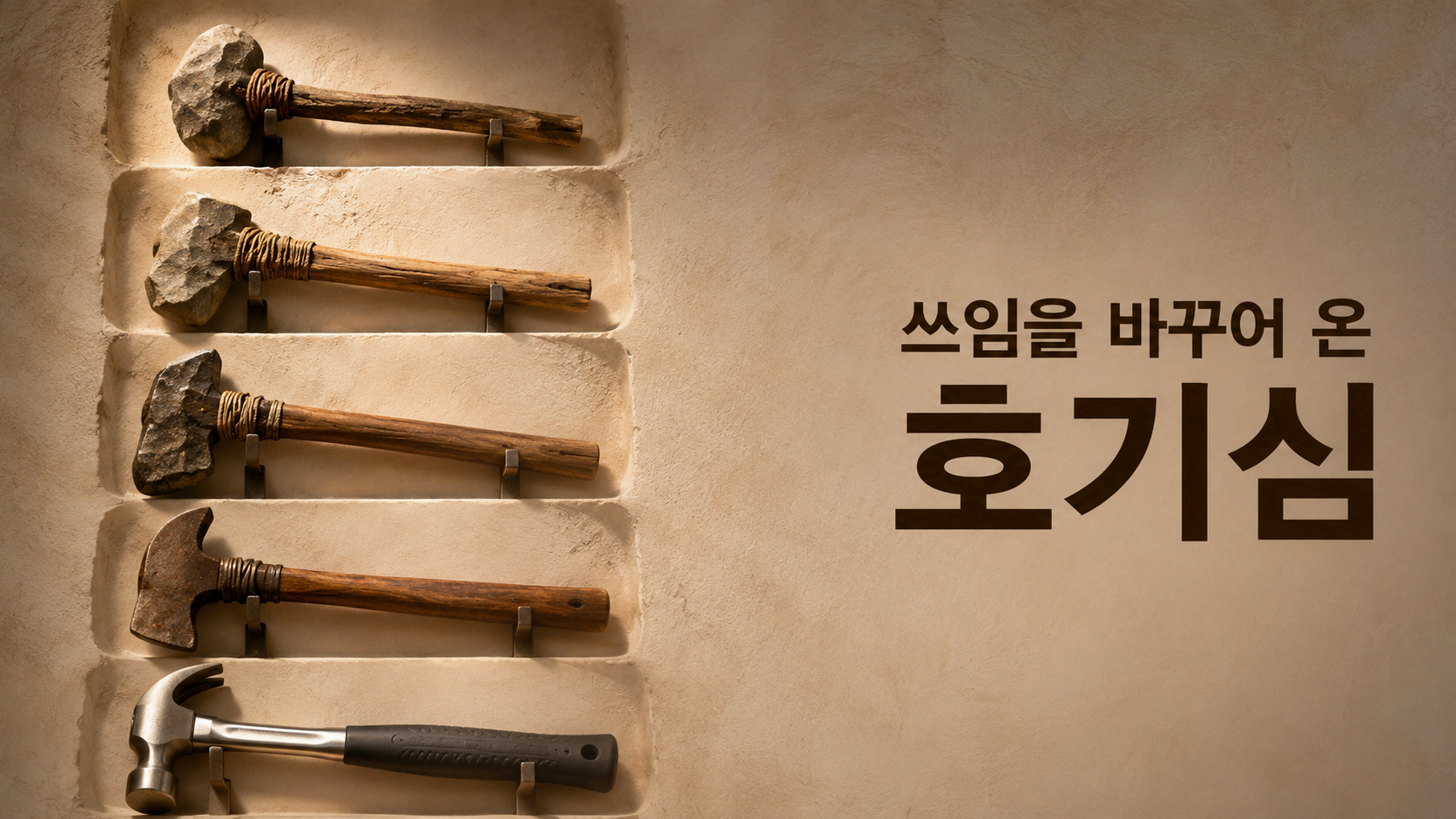 단순한 초기 도구에서 재료와 형태, 기능이 달라진 현대 도구까지의 변화를 통해 도구의 발전 과정에 인간의 호기심이 미친 영향을 보여주 이미지