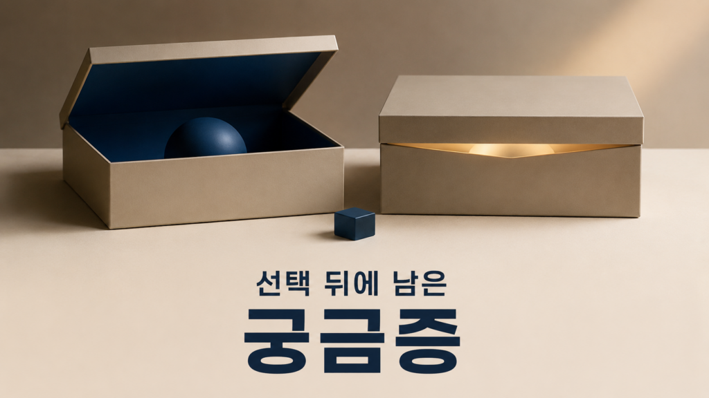하나의 선택 결과는 확인할 수 있지만 선택하지 않은 결과는 알 수 없는 상태로 남아 그 가능성을 궁금해하는 인간의 호기심을 표현한 대표 이미지