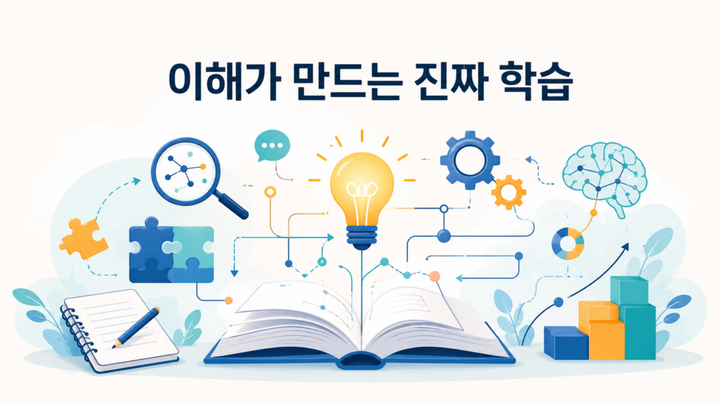인간의 호기심이 이해 중심 학습으로 이어지는 과정을 표현한 대표 일러스트