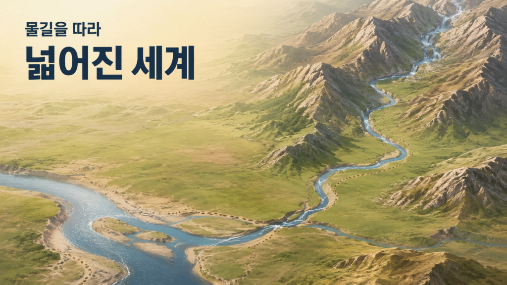 흐르는 물의 시작과 방향을 따라 주변 지형과 새로운 공간을 탐색한 인간의 호기심을 항공 지형 부조 스타일로 표현한 일러스트