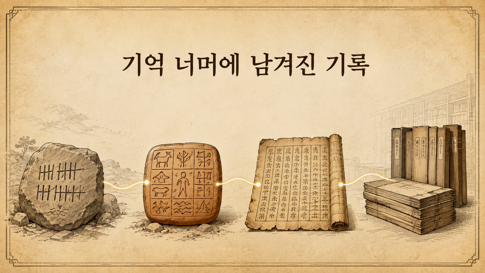 인간의 호기심이 기억의 한계를 넘어 정보를 문자로 기록하고 세대를 거쳐 전달한 과정을 고전 판화 스타일로 표현한 대표 이미