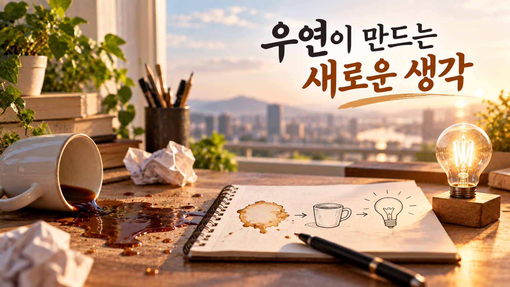 엎어진 커피잔에서 생긴 우연한 흔적이 스케치와 새로운 발상으로 발전하는 과정