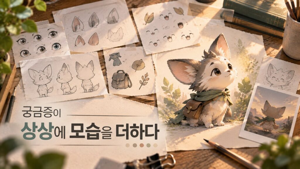 눈과 귀, 표정 같은 작은 특징의 스케치가 하나의 새로운 캐릭터로 구체화되는 과정