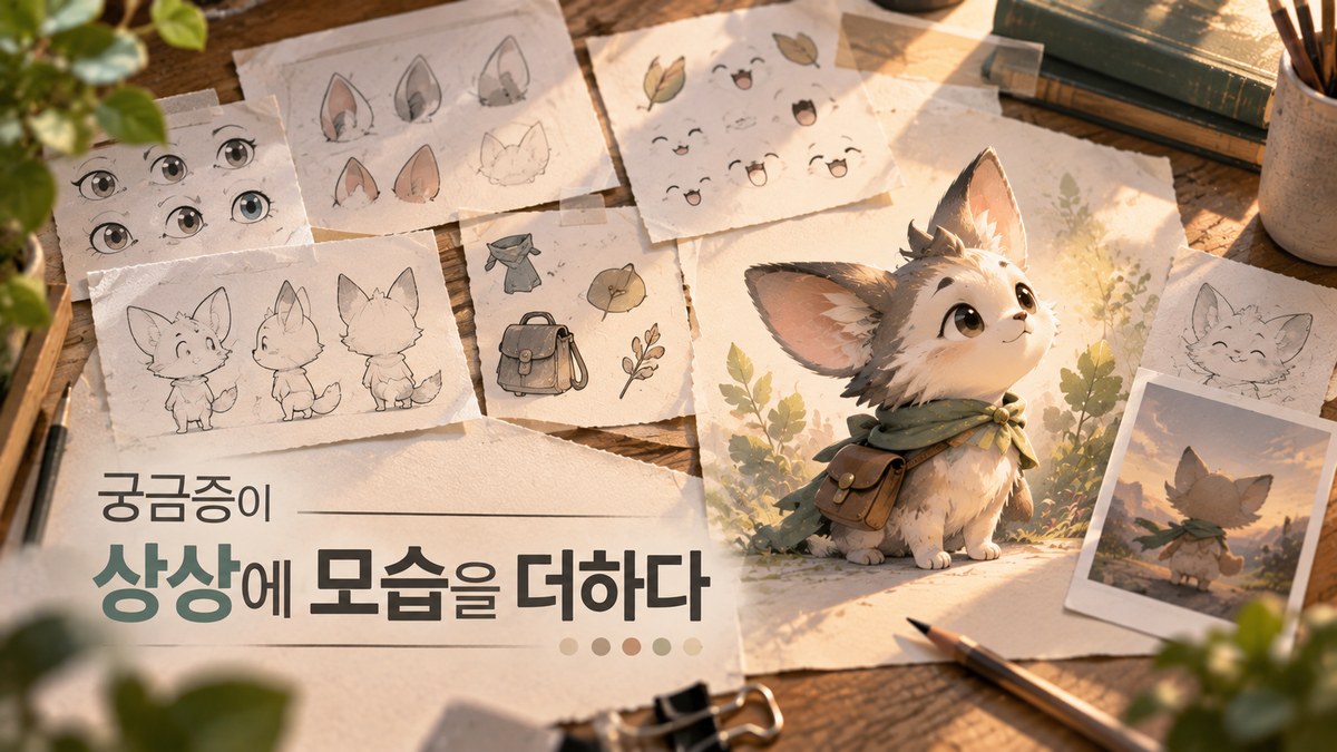 눈과 귀, 표정 같은 작은 특징의 스케치가 하나의 새로운 캐릭터로 구체화되는 과정