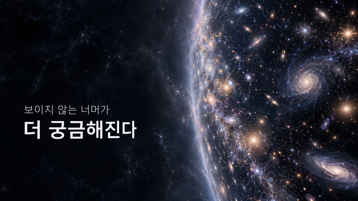 관측 가능한 우주의 경계 너머로 희미한 빛과 공간이 계속 펼쳐지는 구성