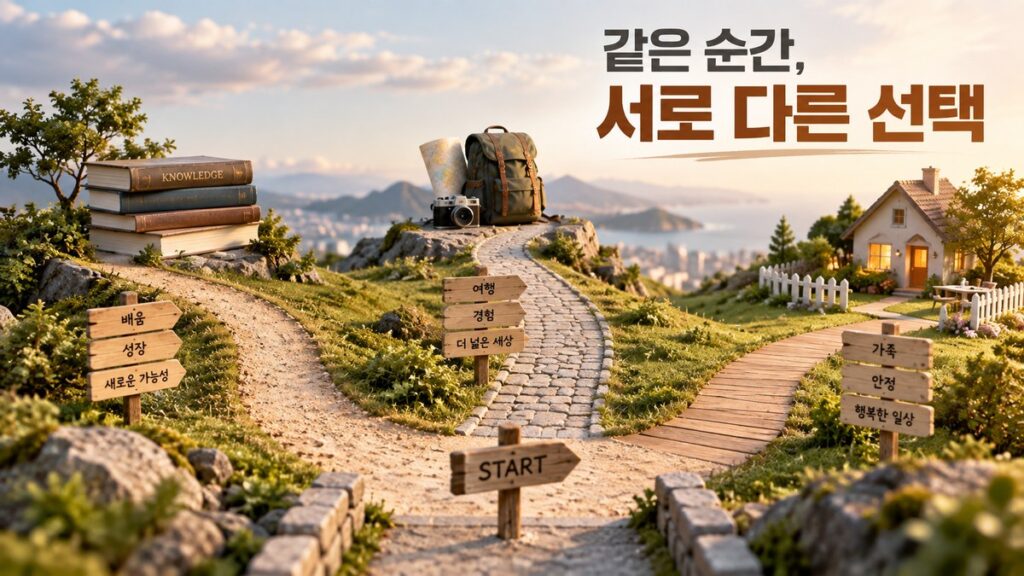 하나의 출발점에서 여러 방향으로 갈라진 선택과 각기 다른 판단 기준을 시각화한 구성