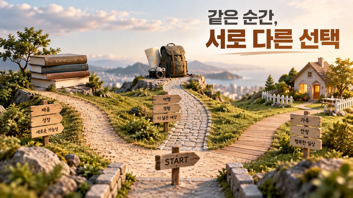 하나의 출발점에서 여러 방향으로 갈라진 선택과 각기 다른 판단 기준을 시각화한 구성