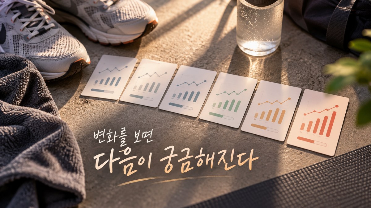 러닝화 옆에 여러 날의 운동 기록 변화가 나란히 놓여 비교되는 모습