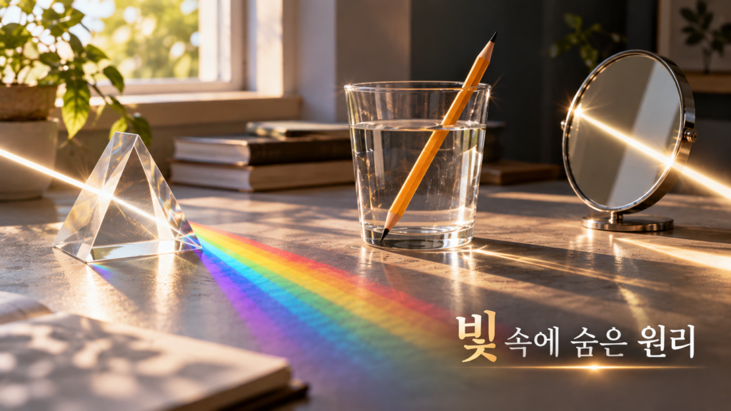 프리즘을 통과한 빛이 여러 색으로 나뉘고 물과 거울에서 굴절과 반사가 나타나는 모습