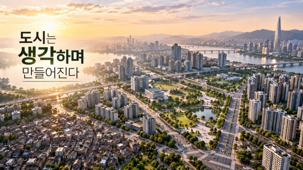 도로와 주거 공간, 녹지와 공공시설이 서로 연결되도록 계획된 도시의 구조를 보여주는 이미지