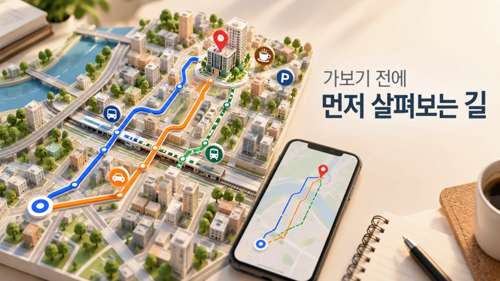 처음 가는 목적지까지의 여러 이동 경로와 주변 장소를 지도에서 미리 살펴보며 낯선 길에 대한 정보를 확인하는 모습