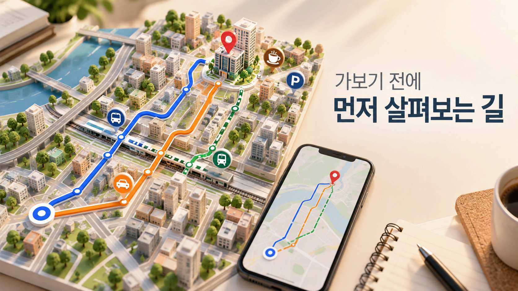 처음 가는 목적지까지의 여러 이동 경로와 주변 장소를 지도에서 미리 살펴보며 낯선 길에 대한 정보를 확인하는 모습