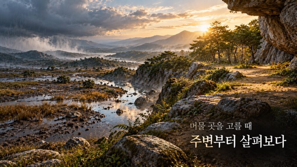 비와 바람, 물길과 주변 흔적처럼 서로 다른 환경 조건을 비교하며 안전한 거처를 살펴보는 모습