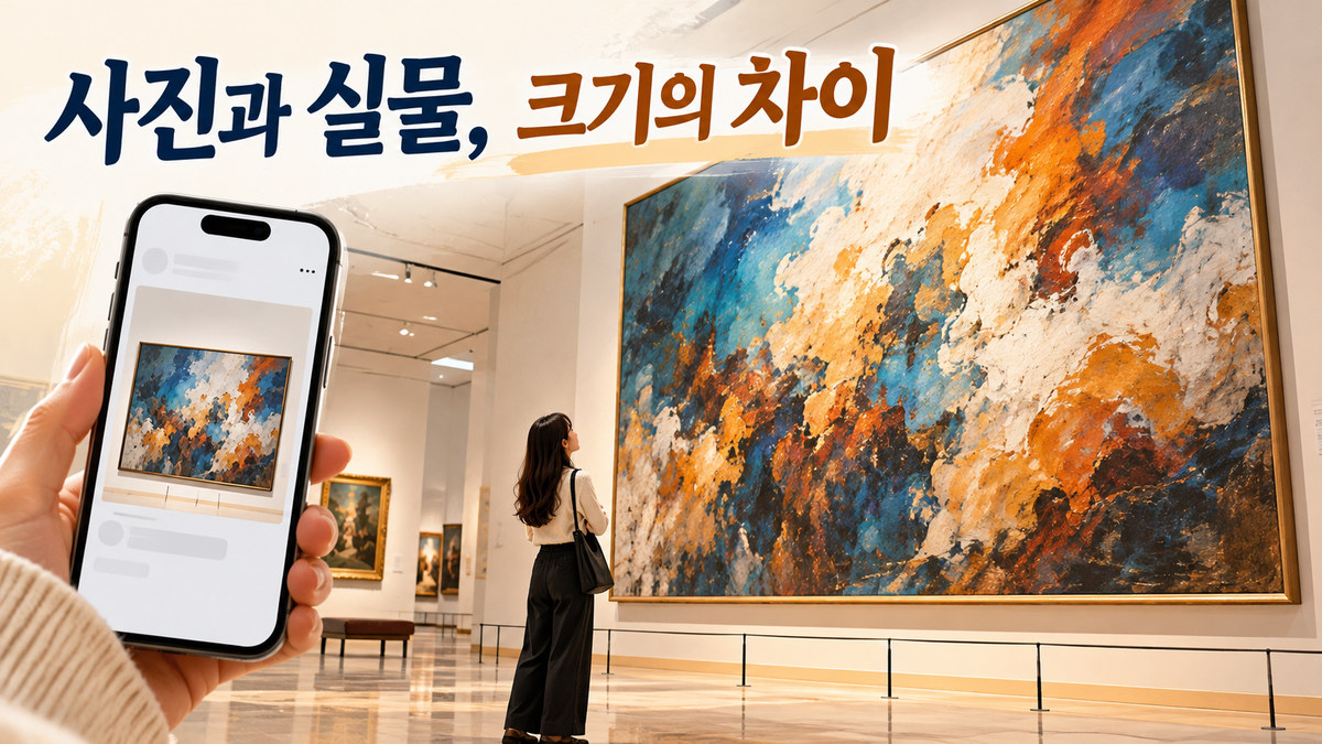 스마트폰 속 그림과 미술관에 전시된 실제 작품의 크기를 비교하며 바라보는 관람객