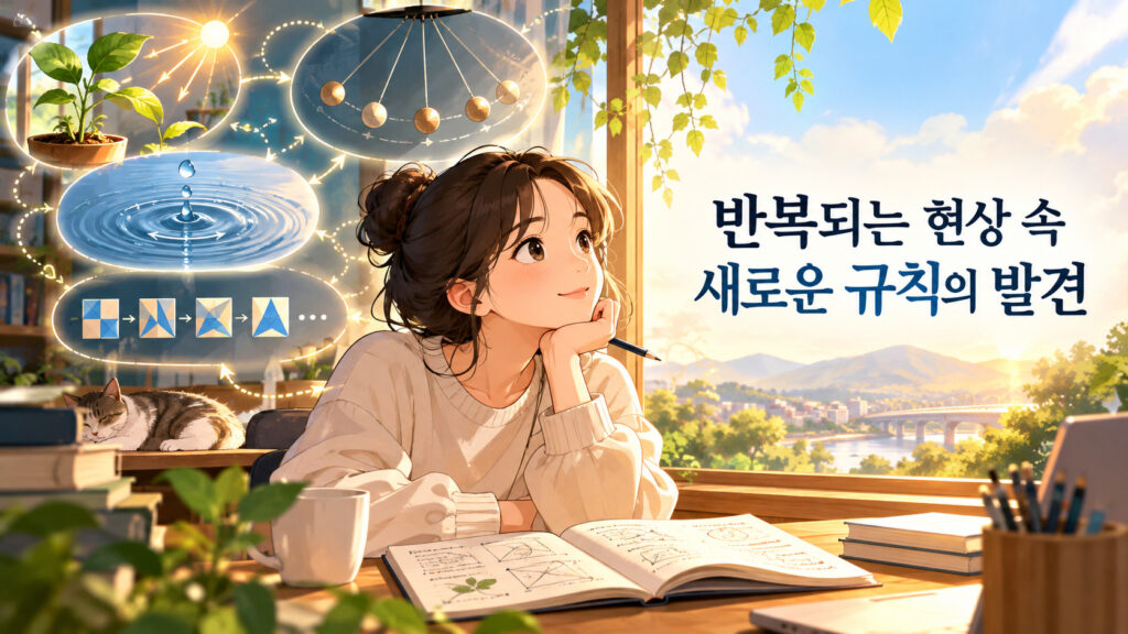 인간의 호기심으로 식물의 성장과 진자의 움직임 등 반복되는 현상에서 새로운 규칙을 발견하는 모습