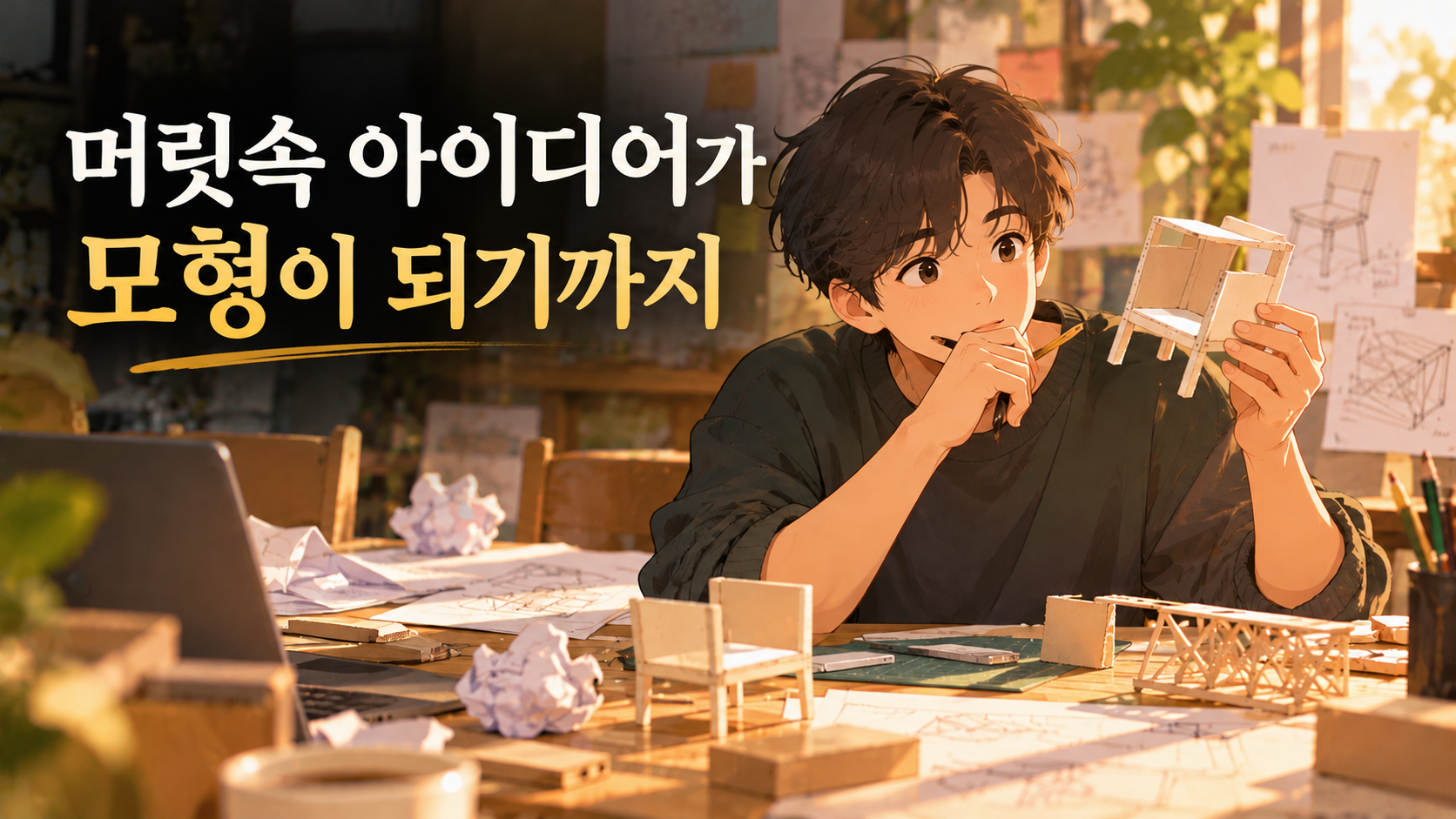 작업실에서 작은 의자 모형을 살펴보며 머릿속 아이디어를 실제 형태로 구현하고 확인하는 애니메이션 이미지