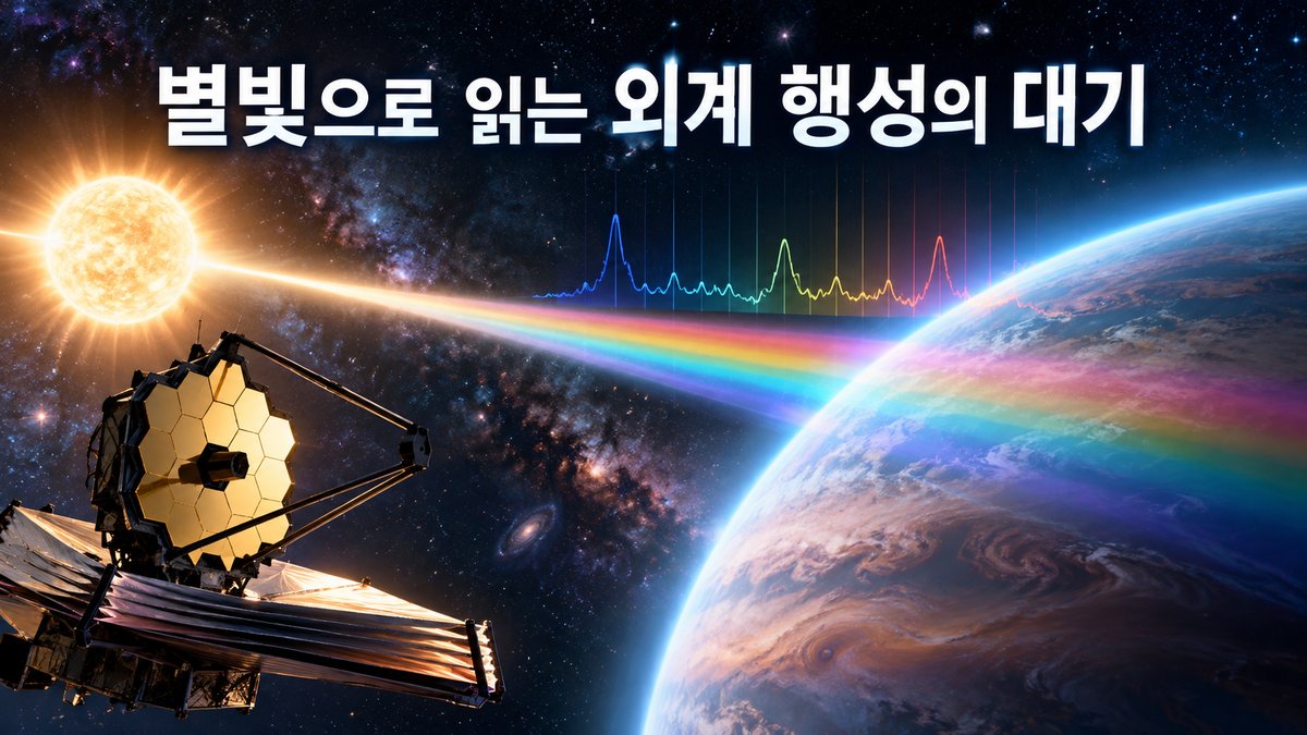 인간의 호기심으로 시작된 외계 행성 대기 연구를 우주망원경과 별빛의 분광 분석으로 표현한 이미지