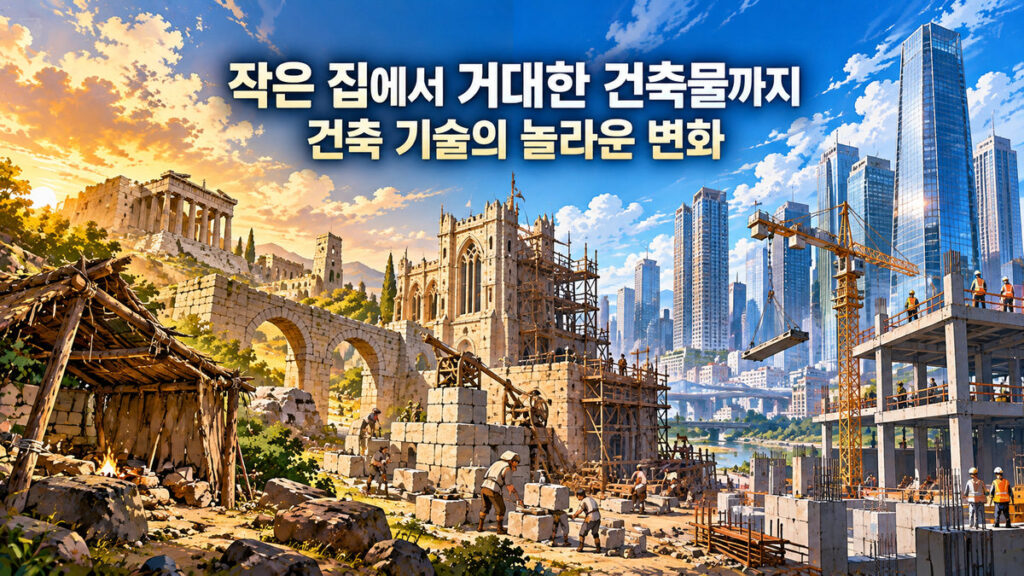 과거의 돌과 나무로 만든 집에서 현대의 철근콘크리트 건물과 초고층 빌딩까지 건축 기술의 발전 과정을 표현한 애니메이션 일러스트
