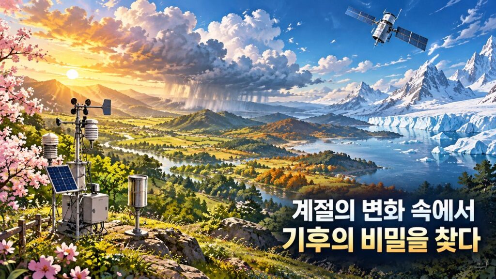계절에 따라 달라지는 숲과 초원, 빙하를 배경으로 기상 관측 장비와 인공위성을 통해 기후 변화를 연구하는 애니메이션 풍경
