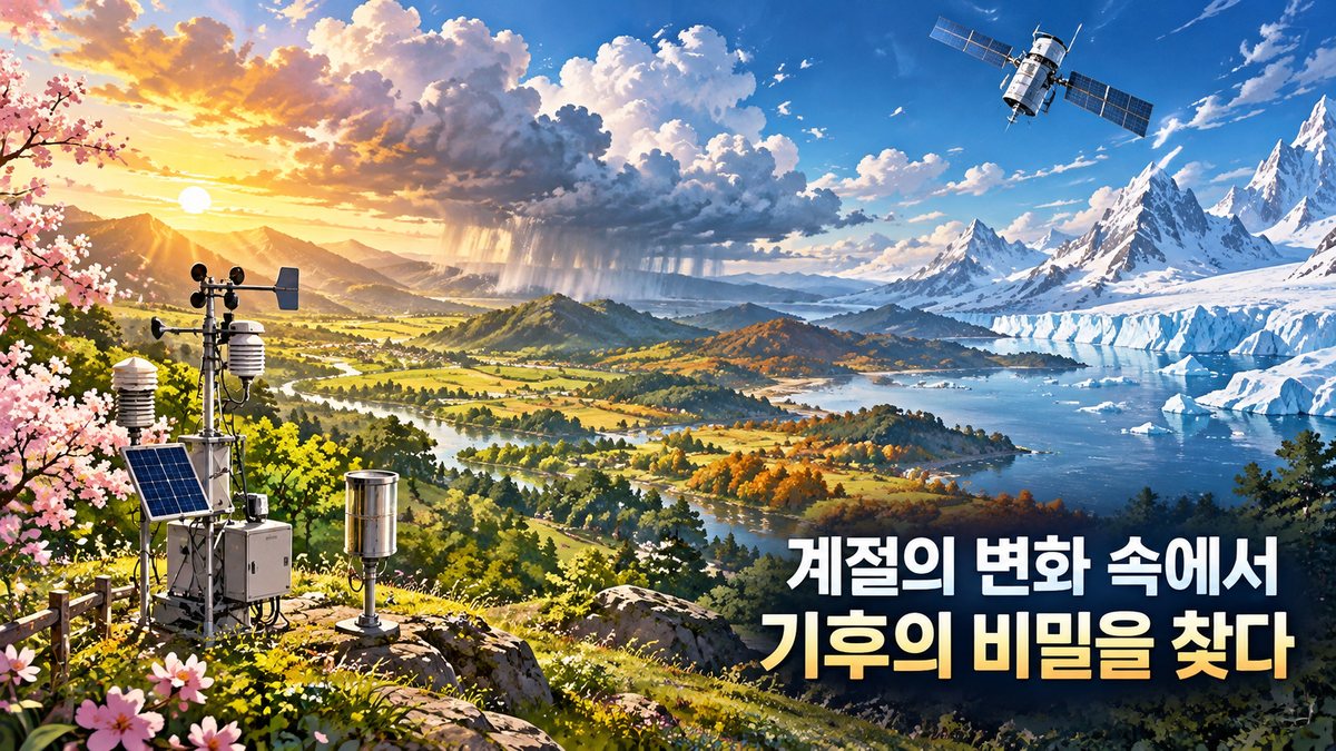 계절에 따라 달라지는 숲과 초원, 빙하를 배경으로 기상 관측 장비와 인공위성을 통해 기후 변화를 연구하는 애니메이션 풍경