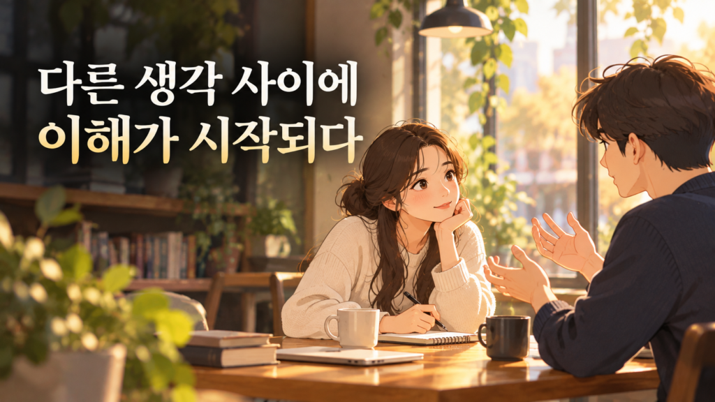 서로 다른 의견을 가진 두 사람이 대화를 나누며 상대방의 생각과 입장을 이해하려는 모습