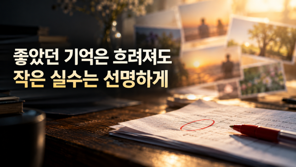 흐릿해지는 긍정적인 기억과 달리 작은 실수의 흔적은 선명하게 남아 있는 부정성 편향의 시각적 표현