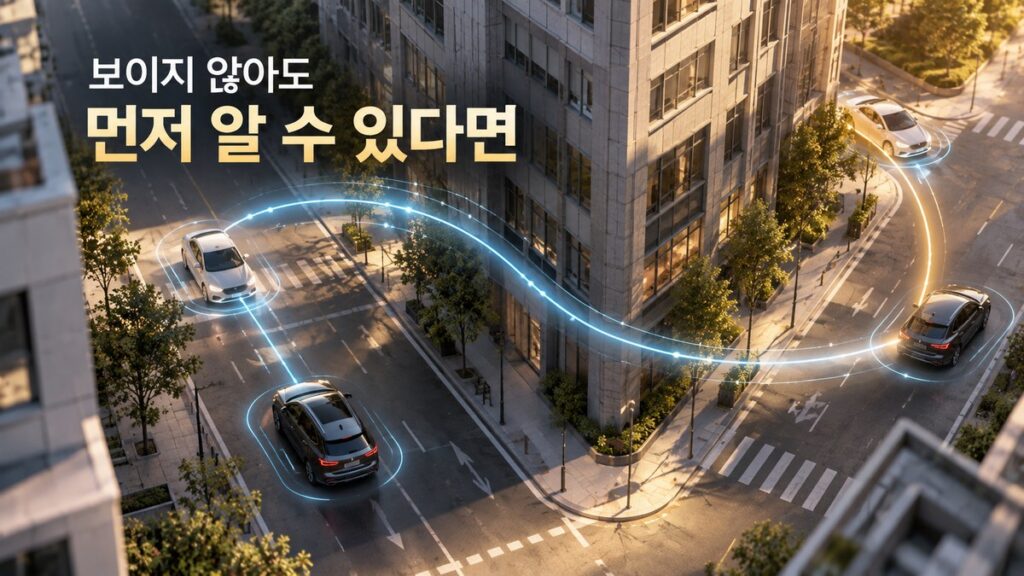 건물과 앞차에 가려진 도로에서도 여러 자동차가 정보를 주고받으며 서로의 움직임을 파악하는 이미